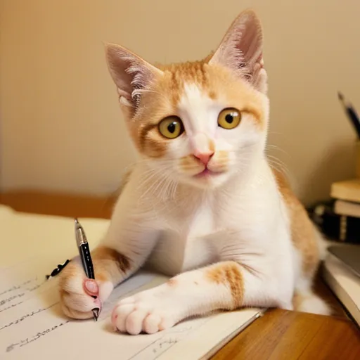 With its執筆猫の手つき and serious expression, this cat looks like it's hard at work writing something important. Maybe it's a letter to its owner, or a grocery list, or the next great American novel. Whatever it is, I'm sure it's going to be good.