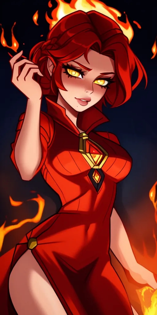 The picture shows a red-haired woman wearing a red dress with a high collar and a gold diamond-shaped gem in the center. The dress has a thigh-high slit on one leg. She has yellow eyes and a sly expression on her face. She is standing in front of a dark background with flames on either side of her.