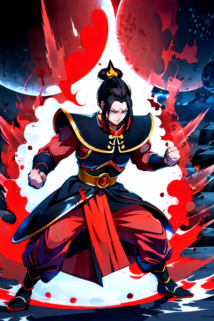 The image is of Azula from Avatar the Last Airbender. She is standing in a fighting stance, with her fists clenched and her feet shoulder-width apart. She is wearing a red and black outfit, with a long red sash tied around her waist. Her hair is in a bun, and she has a determined expression on her face. The background is a dark red, with a few splashes of light blue.