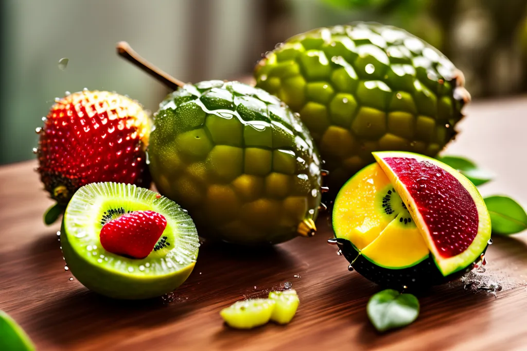 The image shows several fruits on a wooden table. There are two whole fruits. One is large and green, the other is smaller and red. There are also two halves of fruit. The larger half is green with a red center, the smaller half is yellow with a red outer edge. There are also several small green leaves on the table. The background is blurred.