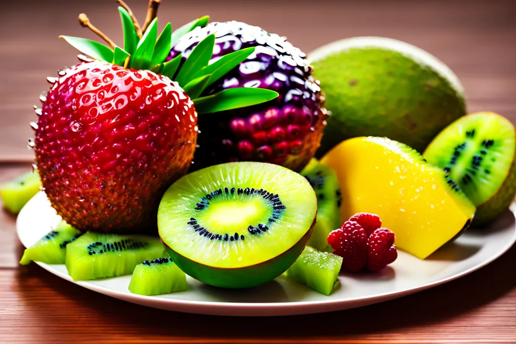 There is a plate of fruit on a wooden table. The plate has a large red strawberry, a large purple fruit, a yellow kiwi, a green avocado, and a few raspberries on it. The strawberry has green leaves on it. The kiwi is cut in half, and you can see the black seeds inside. The avocado is cut into slices.