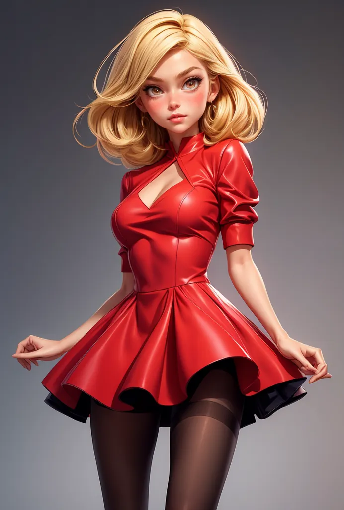 The picture shows a beautiful young woman with blond hair and blue eyes. She is wearing a short red dress with a pleated skirt and black stockings. The dress has a high collar and a low neckline. The woman is standing with her hands on her hips and is looking at the viewer with a confident expression. She has a small smile on her face.