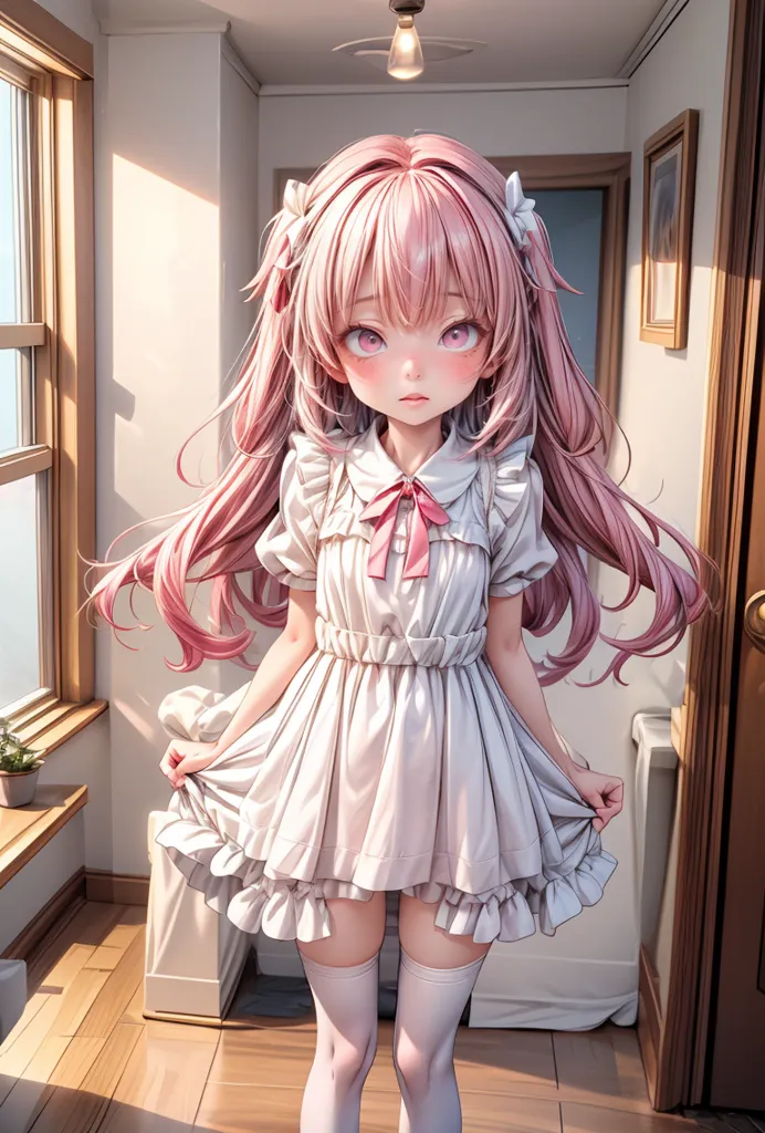 The image contains a cute anime girl with pink hair and blue eyes. She is wearing a white dress with a pink ribbon. The girl is standing in a room with a window and a door. There is a plant on the windowsill. The girl is looking at the viewer with a shy expression.