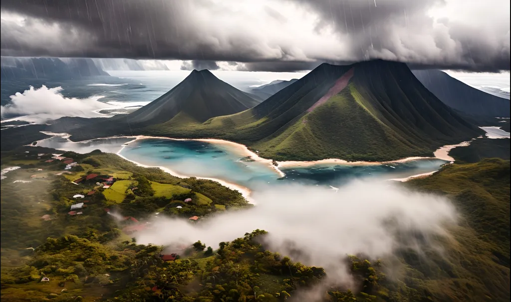 There are two large mountains in the middle of the image. The mountains are covered in green vegetation. There is a large body of water to the left of the mountains. The water is a deep blue color. There are some small islands in the body of water. There are some clouds in the sky. The clouds are dark and gray. There is a small village on the coast. The village is made up of small huts. There are some trees around the village.