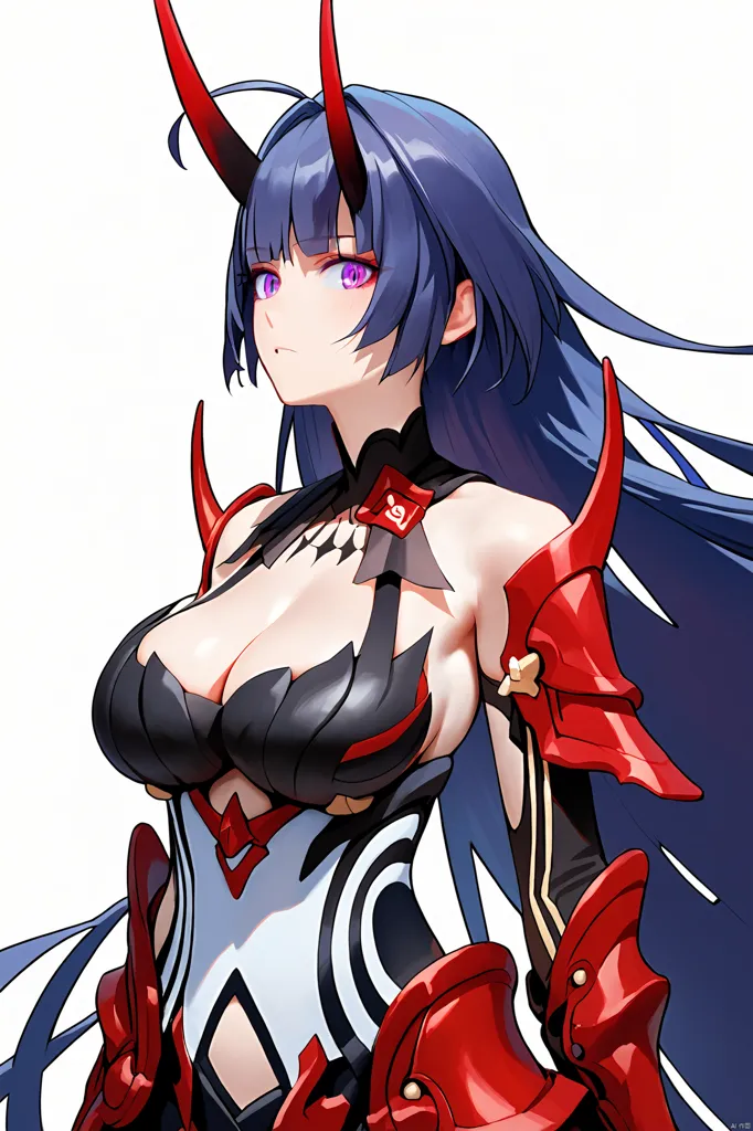 The picture shows a beautiful anime-style girl with long purple hair and red eyes. She is wearing a black and red bodysuit with a low neckline and a high collar. She has a confident expression on her face and is looking at the viewer with her head tilted slightly to one side.