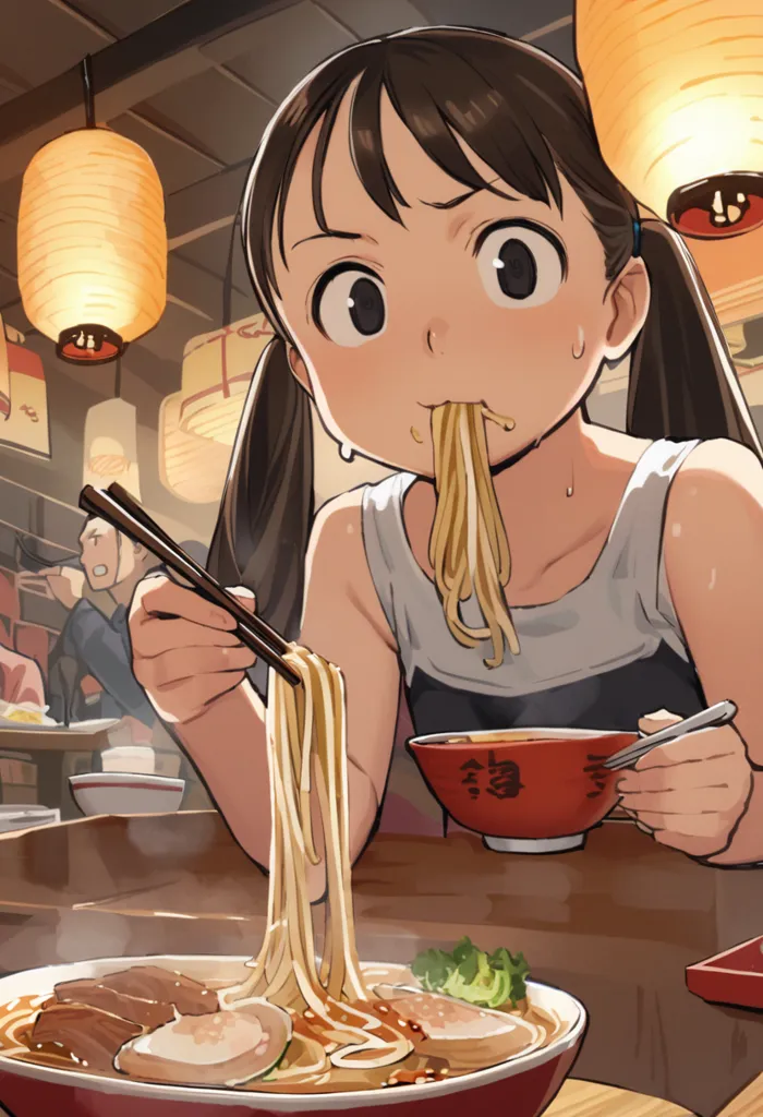 The image shows a young girl sitting in a restaurant, eating a bowl of ramen. She has her chopsticks in her right hand and is slurping the noodles. She has a look of pure bliss on her face. The restaurant is decorated with red lanterns and there are other people in the background, also eating ramen.