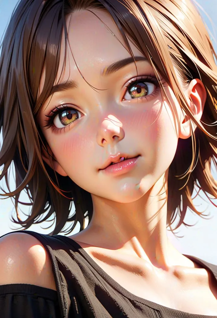 This is a picture of a beautiful anime girl with brown hair and brown eyes. She has a soft smile on her face and is looking at the viewer. Her hair is short and styled in a way that it frames her face nicely. She is wearing a black tank top that shows off her shoulders.