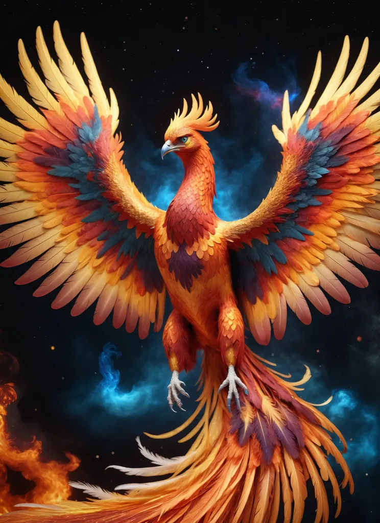 The phoenix is a mythical bird that is said to be a symbol of hope and renewal. It is said to live for 500 years, and then to burn itself on a funeral pyre and be reborn from the ashes. The phoenix is often depicted as a large, brightly colored bird with a long, flowing tail. It is often associated with fire and the sun.