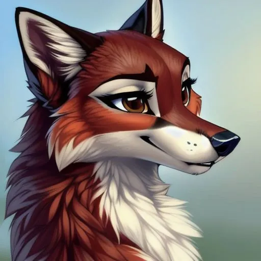 This is a picture of a red fox. It has big, round, amber eyes and a small, black nose. Its fur is orange and white. It looks like it is smiling.