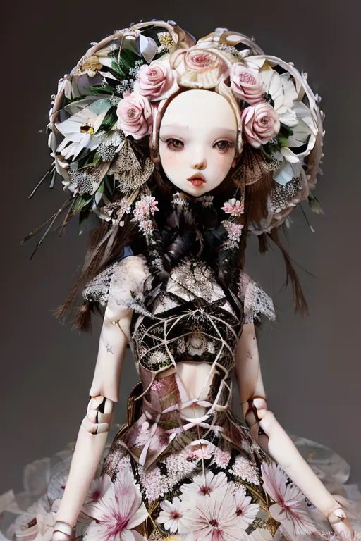 This is a picture of a doll with an elaborate floral headdress and outfit. The doll has pale skin and dark brown hair. The headdress is made of pink and white roses, and the outfit is made of a pink and white floral pattern. The outfit also has a corset-like bodice with boning and a full skirt. The doll is standing on a black pedestal.