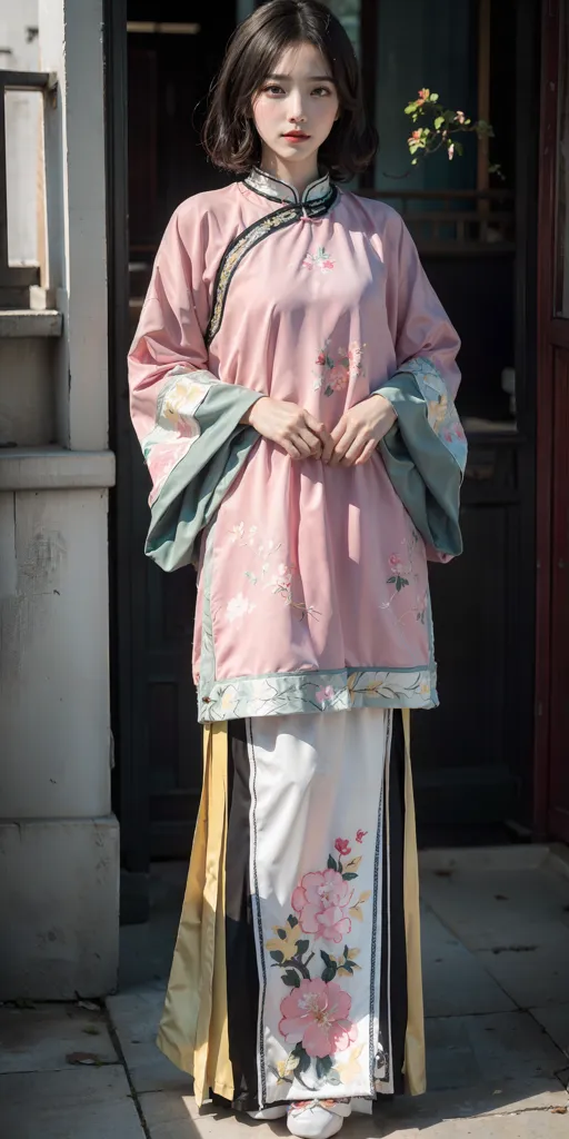 The image shows a young woman wearing a pink and white cheongsam with a floral pattern. The cheongsam is a traditional Chinese dress that is typically worn by women. It is a one-piece dress that is fitted to the body and has a high collar. The cheongsam is often made from silk or other luxurious fabrics. The woman in the image is also wearing a pair of white shoes.