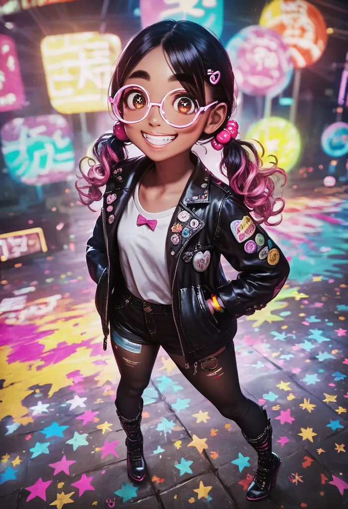 The image shows an anime-style girl with brown hair and pink highlights. She is wearing a white shirt, a black leather jacket, and denim shorts. She also has a pair of glasses, a bow in her hair, and several pins on her jacket. She is standing in a colorful place, and she has a happy expression on her face.