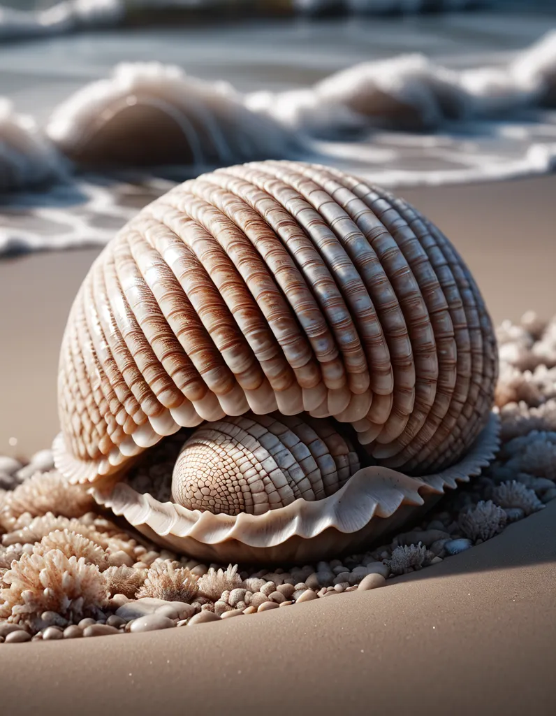 The image is a close-up of a seashell on the beach. The shell is a beautiful, light brown color with intricate patterns on its surface. The shell is open, and a smaller shell is nestled inside it. The shells are surrounded by smooth pebbles and sand. The background of the image is blurred, and it looks like the ocean is in the distance. The image is very peaceful and calming.