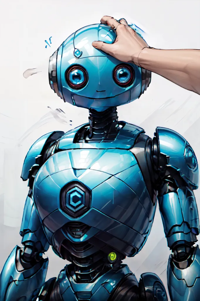 The image depicts a humanoid robot with a blue metallic body and large, expressive eyes. It has a friendly expression on its face and seems to be curious about the human hand that is petting it. The robot is wearing a white glove on its right hand. The background is a simple white wall, which makes the robot stand out.