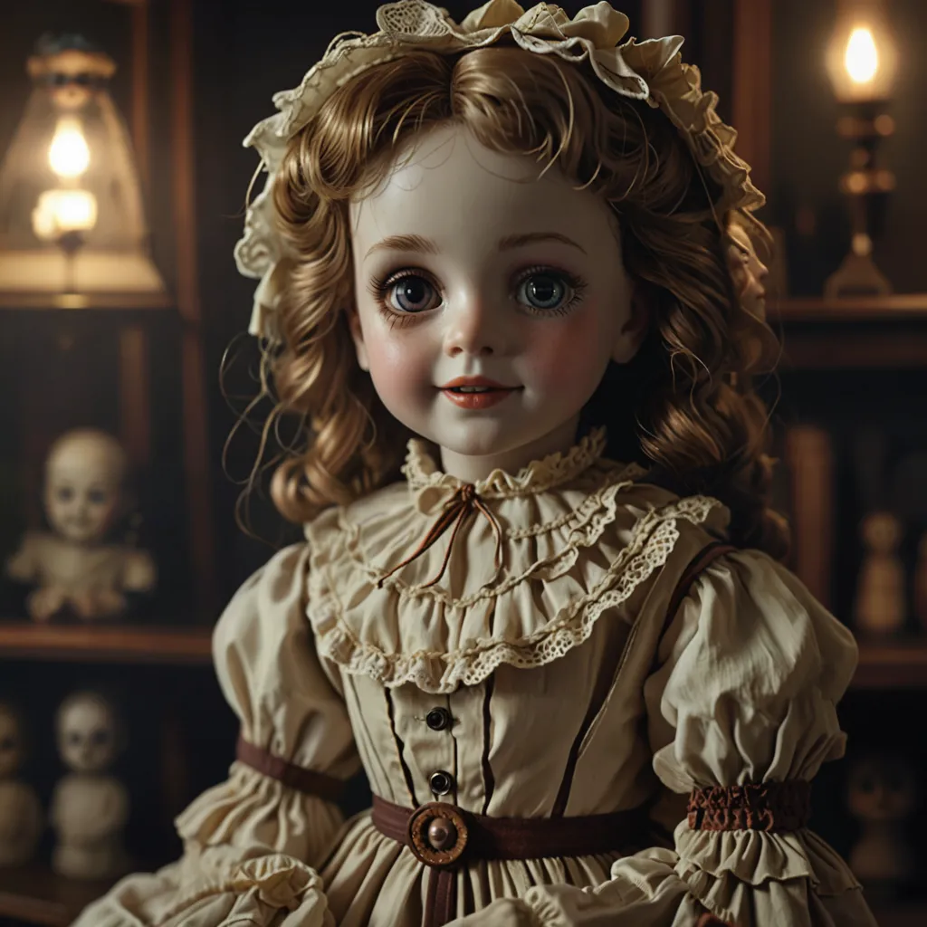 This is a photo of a porcelain doll. She has long, curly blonde hair, blue eyes, and a sweet smile. She is wearing a beautiful dress with a cream-colored bodice and a brown skirt. There are two oil lamps and some bookshelves with skulls on them in the background.