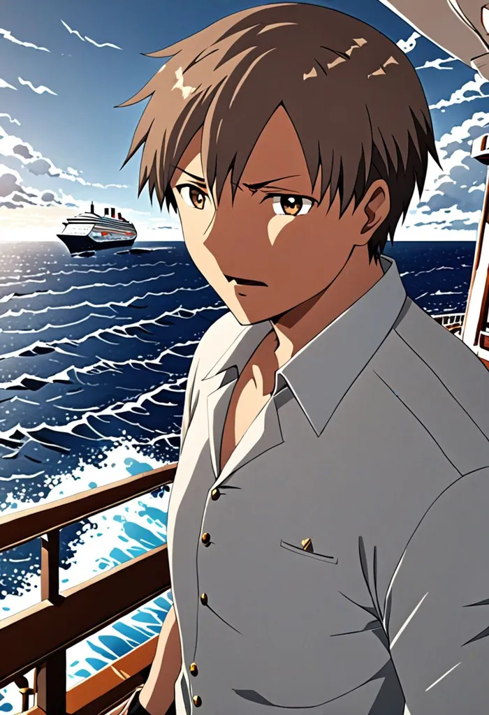 A young man with brown hair and brown eyes is standing on the deck of a ship. He is wearing a white shirt and black pants. The ship is sailing in the ocean and there is another ship in the distance. The sky is blue and there are some clouds. The man is looking at the other ship. He is holding the railing of the ship with his left hand.