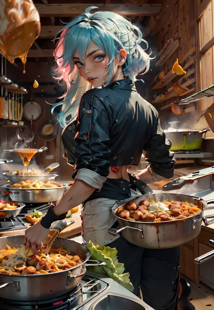 A beautiful anime girl with blue hair is cooking in a kitchen. She is wearing a white apron and a black jacket. She is holding a wooden spoon and stirring a pot of food. There are many pots and pans on the stove and counter. The girl is looking at the camera with a serious expression.