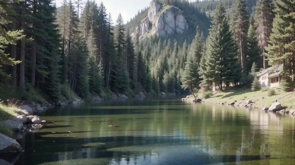 The image shows a mountain river flowing through a valley. The river is wide and calm, and the water is clear. The valley is surrounded by steep mountains, which are covered in trees. There are a few houses on the banks of the river. The sky is blue and the sun is shining. The image is peaceful and serene.