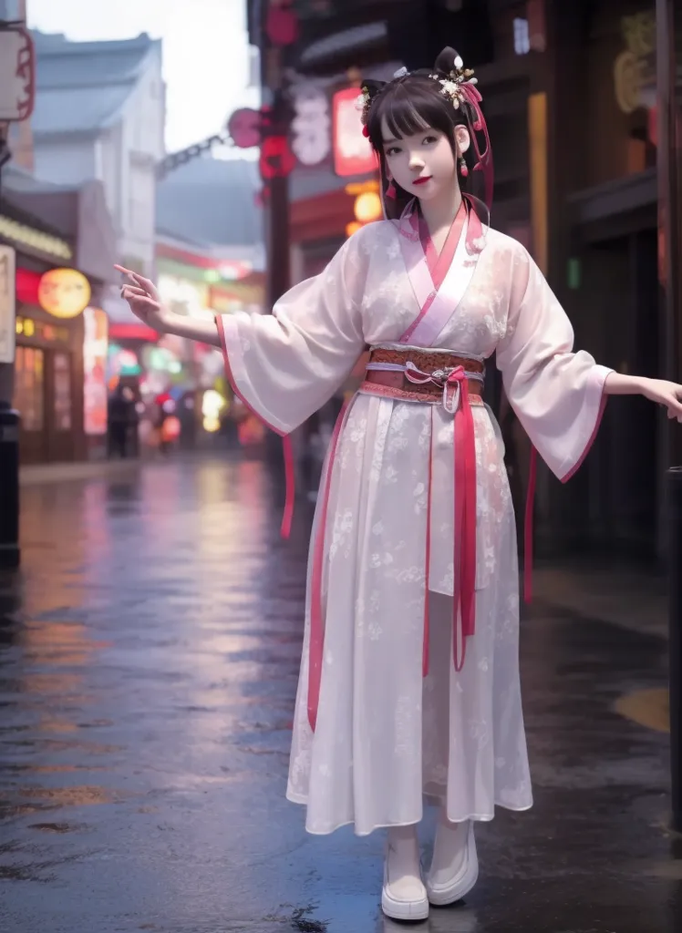 The image shows a young woman wearing a traditional Chinese dress, or Hanfu. The dress is white with pink and blue floral embroidery, and has a long flowing skirt. The woman has her hair tied up in a bun and is wearing traditional Chinese makeup. She is standing in a street with traditional Chinese architecture in the background. The street is made of stone and is lined with shops and restaurants. There are people walking around in the background. The image is realistic and captures the beauty of traditional Chinese culture.