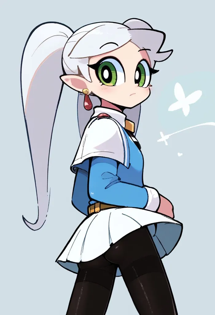 This is a picture of a girl with white hair and green eyes. She is wearing a blue and white outfit. She has a ponytail and is looking back at the viewer with a curious expression on her face.