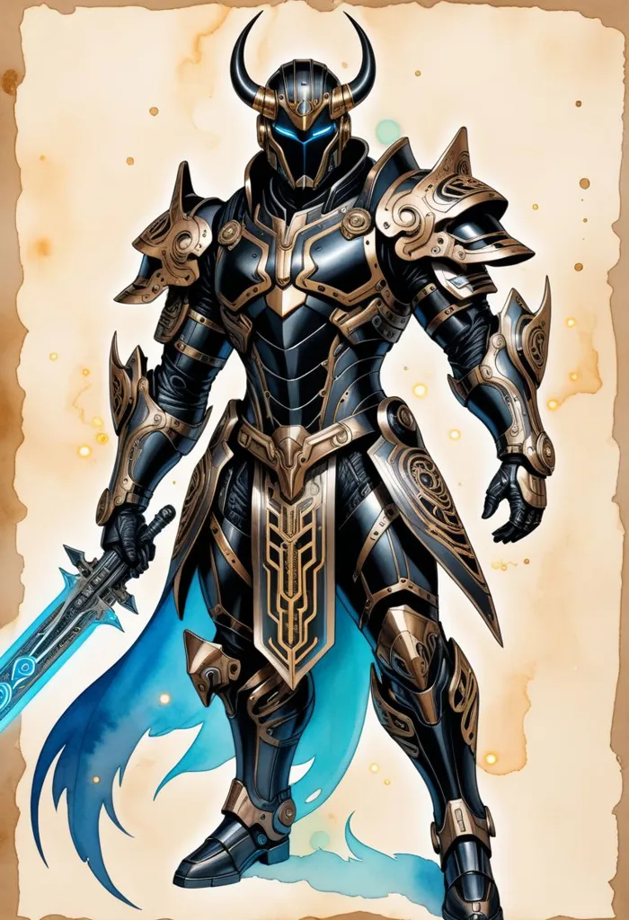 The image shows a warrior in full plate armor. The armor is black and gold, with blue accents. The warrior is holding a sword in his right hand and a shield in his left hand. He has a determined look on his face, and it is clear that he is ready for battle. The background is a simple white, which helps to make the warrior stand out.