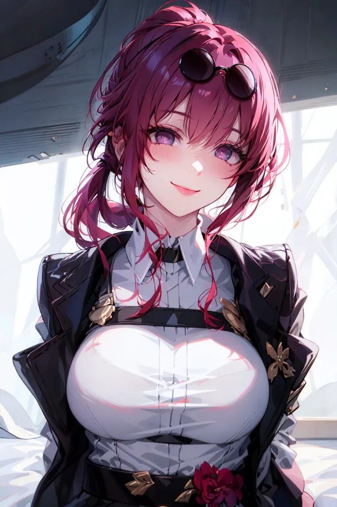 The image shows an anime-style girl with pink hair and purple eyes. She is wearing a white shirt and a black jacket. She has a friendly smile on her face and is looking at the viewer. She has a large bust and is wearing glasses on top of her head.