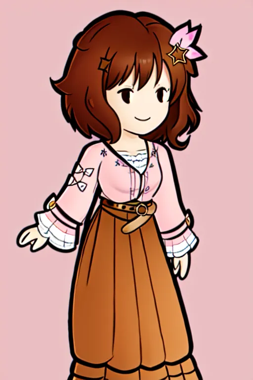 The image is of an anime girl with brown hair and brown eyes. She is wearing a pink blouse with a brown skirt and a brown belt. She has a pink flower in her hair and is smiling.