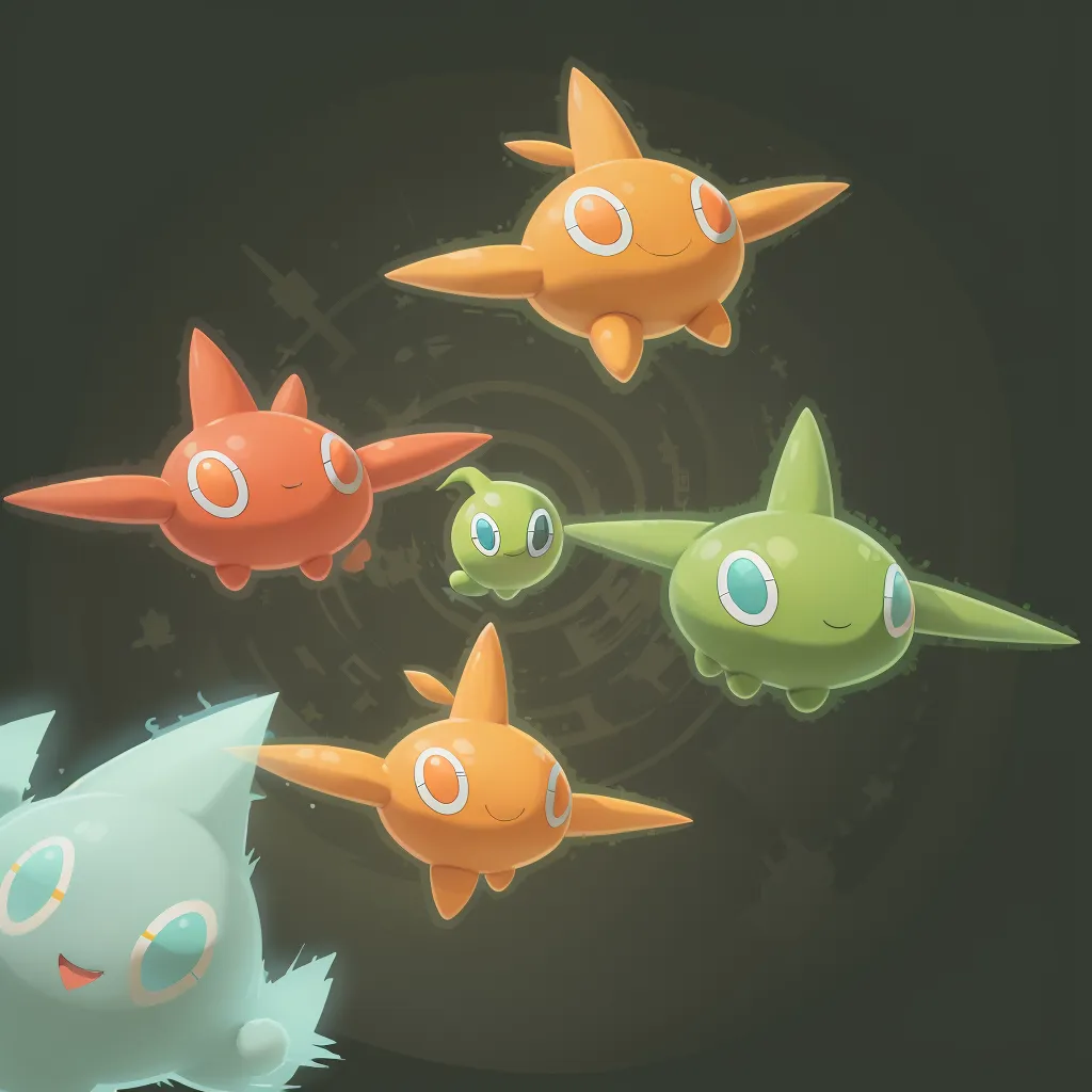 There are five Pokémon in the picture. They are all different colors. The Pokémon are all smiling and have their eyes closed. They are all floating in the air. There is a green circle in the middle of the backgroun