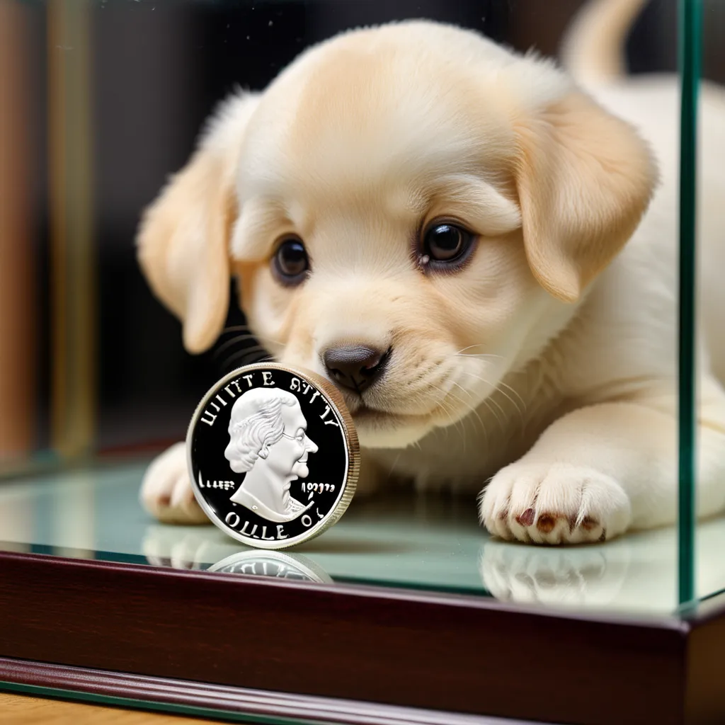 The image shows a cute puppy with a coin in front of it. The puppy is looking at the coin with curiosity. The puppy is sitting on a wooden table. The background is blurry. The puppy is the main focus of the image. The image is taken from a low angle, which makes the puppy look even more adorable. The image is well-lit, and the colors are vibrant. The image is very clear, and the details are sharp.