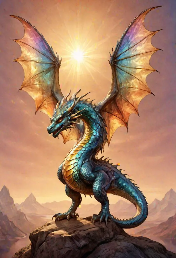 The dragon is a fearsome creature with a long, serpentine body, covered in shimmering blue and green scales. It has a pair of massive wings, each one a different color, the left a deep purple and the right a bright red. The dragon's head is long and narrow, with a snout full of sharp teeth. Its eyes are a deep, piercing blue, and they seem to glow with an inner fire. The dragon is perched on a rocky crag, and it looks out over the landscape below with a sense of威严.