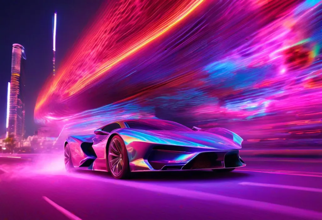 A purple sports car speeds down a city street at night. The car is blurred, and the background is streaked with bright lights. The car is in the center of the image, and the background is divided into two parts. The left side of the background is a dark blue color, and the right side is a bright pink color. The car is illuminated by a bright light, and the light is reflecting off of the car's surface. The car is also surrounded by a number of small, bright lights. The image is very dynamic and conveys a sense of speed and excitement.