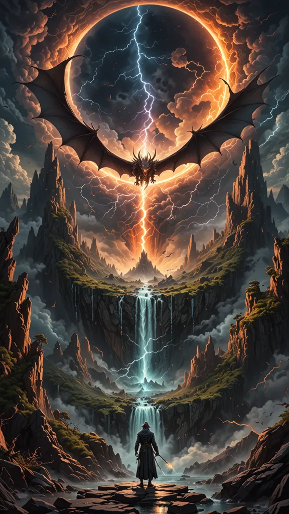 The image is a fantasy landscape. There is a dark and stormy sky, with a bright flash of lightning in the center. A large dragon is flying in the sky, its wings spread wide. The dragon is black with red and yellow details. There is a waterfall in the background, and a dark forest on the left side of the image. A man is standing in the foreground, holding a staff. The man is wearing a black coat and a hat.