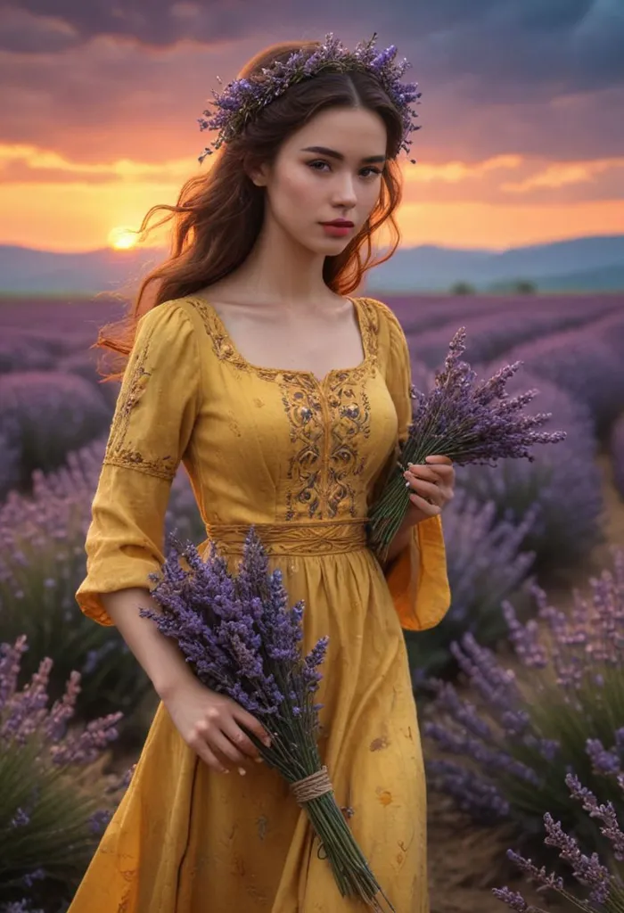 A young woman is standing in a field of lavender. She is wearing a yellow dress and a wreath of lavender flowers. The sun is setting behind her and the sky is a golden orange color. The lavender is in full bloom and the air is filled with its fragrance. The woman is beautiful and serene, and she looks like she belongs in this place.