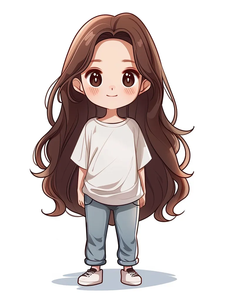 The image shows a cute chibi girl with long brown hair and brown eyes. She is wearing a white shirt, blue jeans, and white sneakers. She has a small smile on her face and is standing with her feet shoulder-width apart. Her arms are relaxed at her sides.