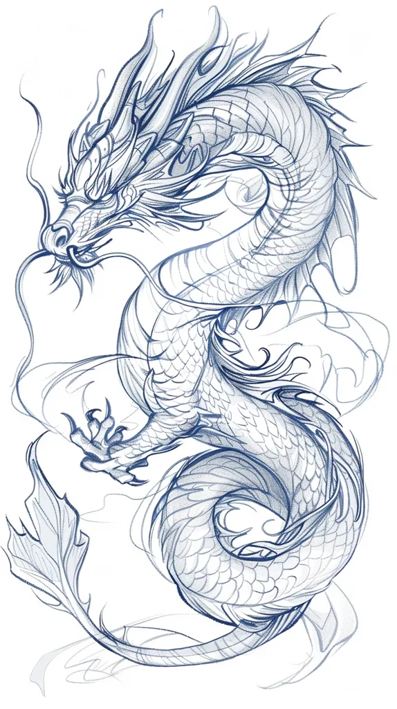 The image depicts a detailed pencil drawing of a dragon. Its serpentine body is curled in on itself, with its head facing the viewer.  The dragon's scales, spines, and claws are rendered with meticulous detail, creating a sense of power and majesty.  The drawing is done in a blue-grey shade, giving it a classic and elegant look.