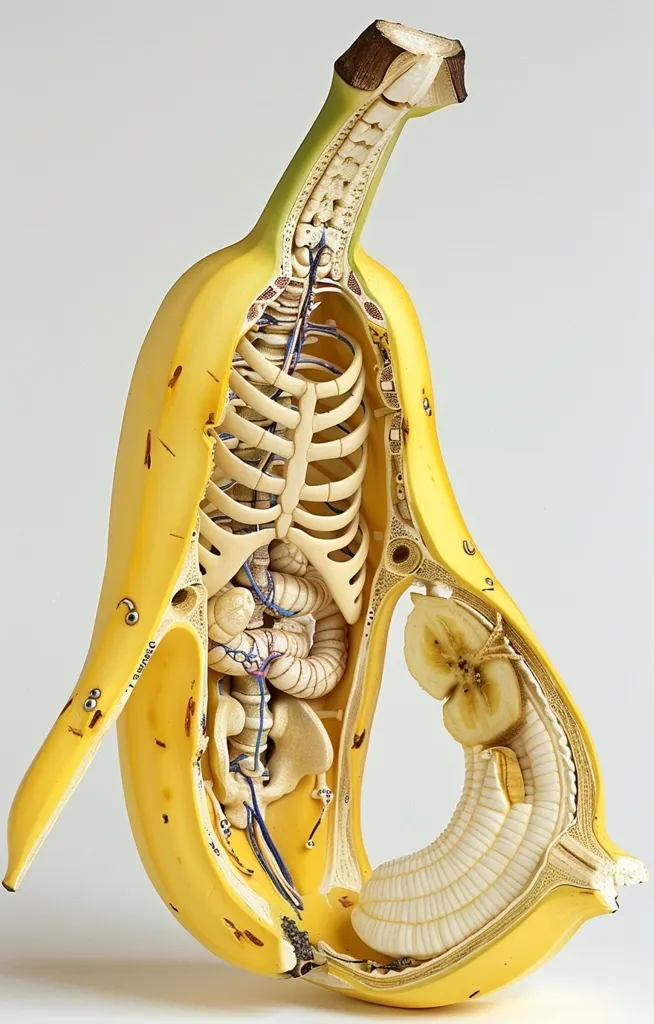 This is a cross-section of a banana. You can see all the different parts of the banana, including the peel, the flesh, the seeds, and the stem. You can also see the vascular bundles that run through the banana. The vascular bundles are responsible for transporting water and nutrients throughout the plant. The banana is a very interesting fruit. It is a good source of potassium, vitamin C, and fiber. Bananas are also a good source of energy.