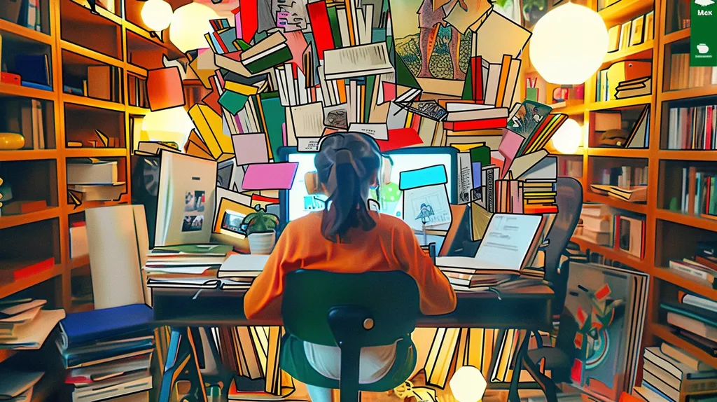 A girl is sitting at a desk in a library. She is wearing a red shirt and has her hair in a ponytail. She is looking at a computer screen. There are many books and papers on the desk, and the shelves around her are also full of books. The girl is probably a student, and she is likely studying for an exam.