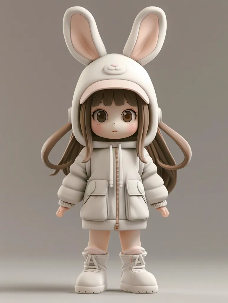 The picture shows a cute anime girl with long brown hair and brown eyes. She is wearing a white bunny hoodie, a pink skirt, and white shoes. The girl is standing on a gray background and looking at the viewer with a shy smile on her face.