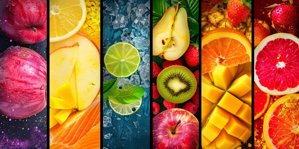 The image shows a variety of fruits. There are apples, oranges, pears, strawberries, raspberries, kiwi, lime, and mango. The fruits are arranged in a colorful and visually appealing way. The background is a dark blue color, which makes the fruits stand out. The image is taken from a high angle, which gives the viewer a good perspective of the fruits.