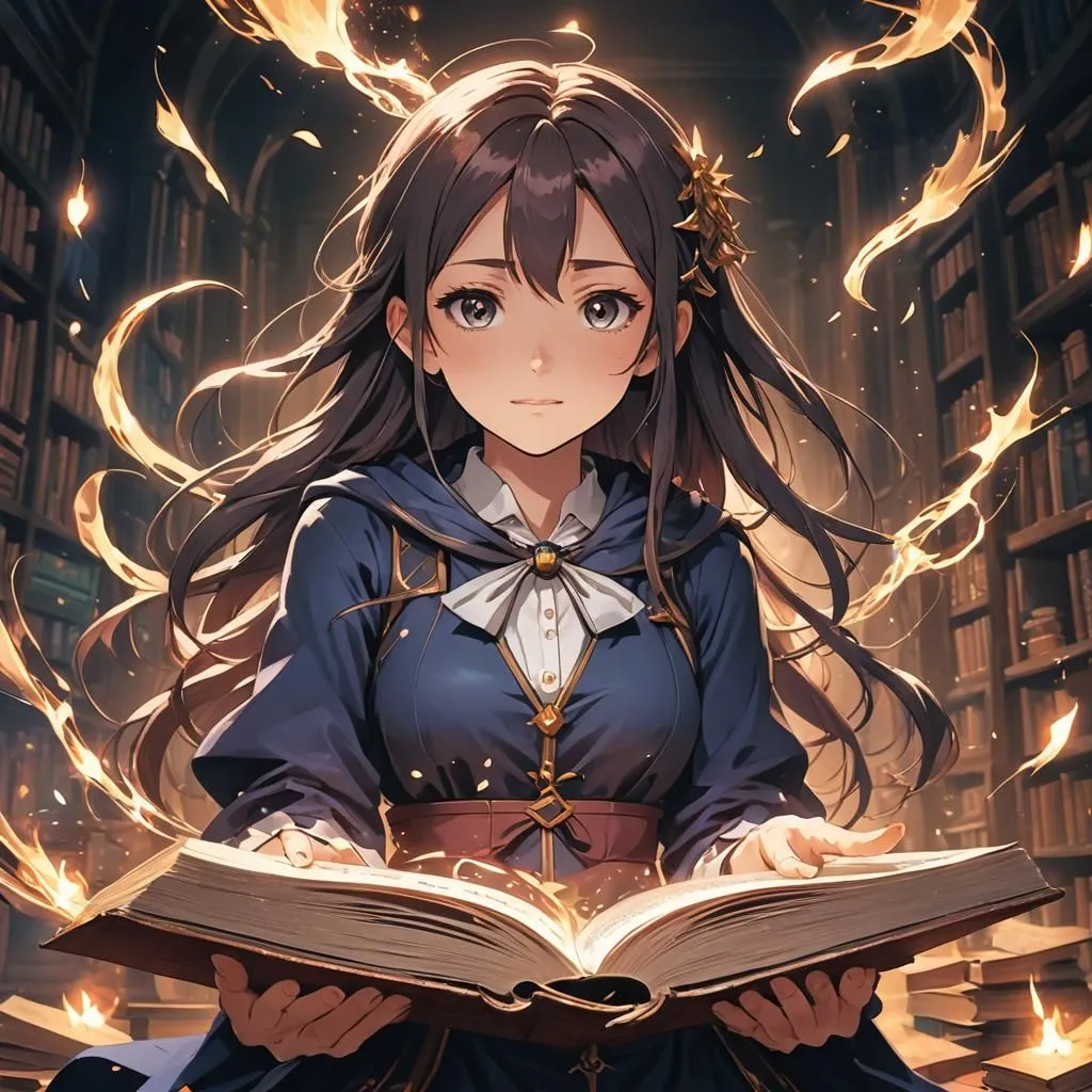 In a dimly lit library, a young girl with long brown hair and brown eyes is reading a book. She is wearing a blue robe with a white collar. The book is open and she is holding it with both hands. She is surrounded by floating flames.