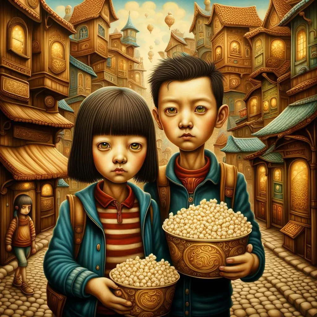 The image is of two children, a boy and a girl, standing in a street in a European-style town. The children are both wearing traditional Chinese clothes and have their hair in traditional Chinese styles. The boy is holding a bowl of popcorn. The girl is holding a bowl of popcorn. The background of the image is a street with many shops and buildings. The buildings are all made of wood and have a traditional Chinese style. The street is made of cobblestones. The image is very detailed and realistic.