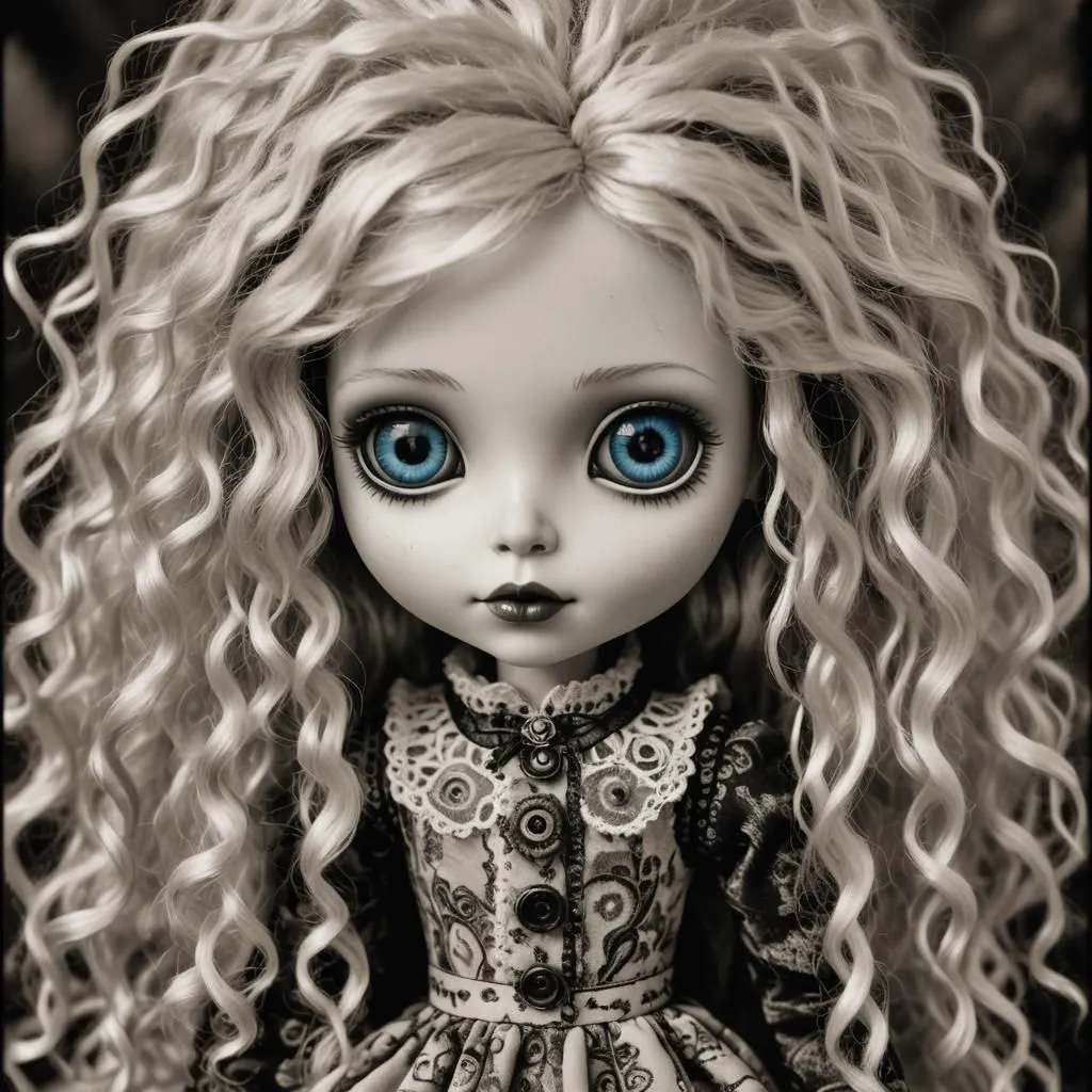 The photo is of a doll with long, curly blonde hair, blue eyes, and a pale complexion. She is wearing a black and white dress with a lace collar. The doll is standing in front of a dark background and is looking at the camera with her head tilted slightly to one side.