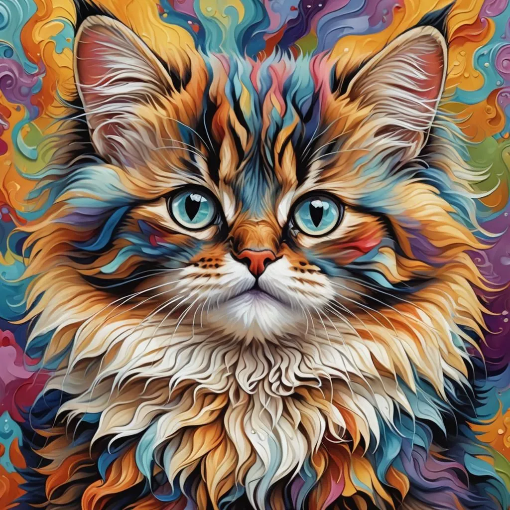 This is a painting of a cat. The cat has long, colorful fur and blue eyes. The background is a bright, abstract pattern. The painting is done in a realistic style, but the colors are very vibrant and saturated. The overall effect is one of beauty and mystery.