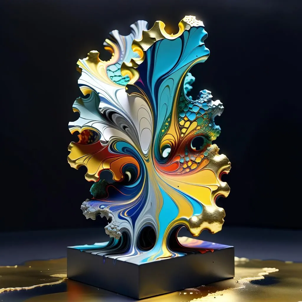 The image is a colorful 3D rendering of a leaf-like object. The object is made up of many different colors, including blue, green, yellow, and pink. The colors are arranged in a random pattern, giving the object a unique and interesting appearance. The edges of the leaf are lined with gold. The object is sitting on a black pedestal. The background is black.