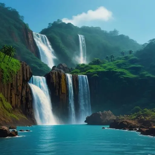 The image is of a waterfall. The waterfall is cascading down a steep cliff into a pool of water, with a small waterfall to the left. The waterfall is surrounded by a lush green jungle with palm trees. The water in the pool is a crystal clear blue. The waterfall is in a remote location, and the only sound is the roar of the water. The waterfall is a beautiful and awe-inspiring sight. It is a reminder of the power of nature and the beauty of the natural world.