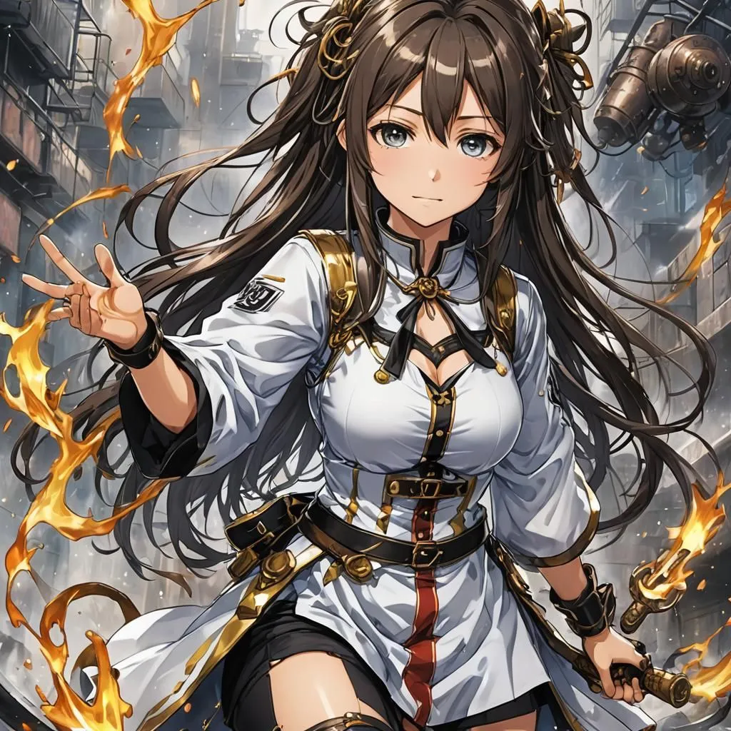 This is an image of an anime girl with long brown hair and blue eyes. She is wearing a white shirt and a brown skirt. She is also wearing a brown belt and a pair of brown boots. She is standing in a city and there are flames coming from the buildings. She has a serious expression on her face and it looks like she is ready to fight.