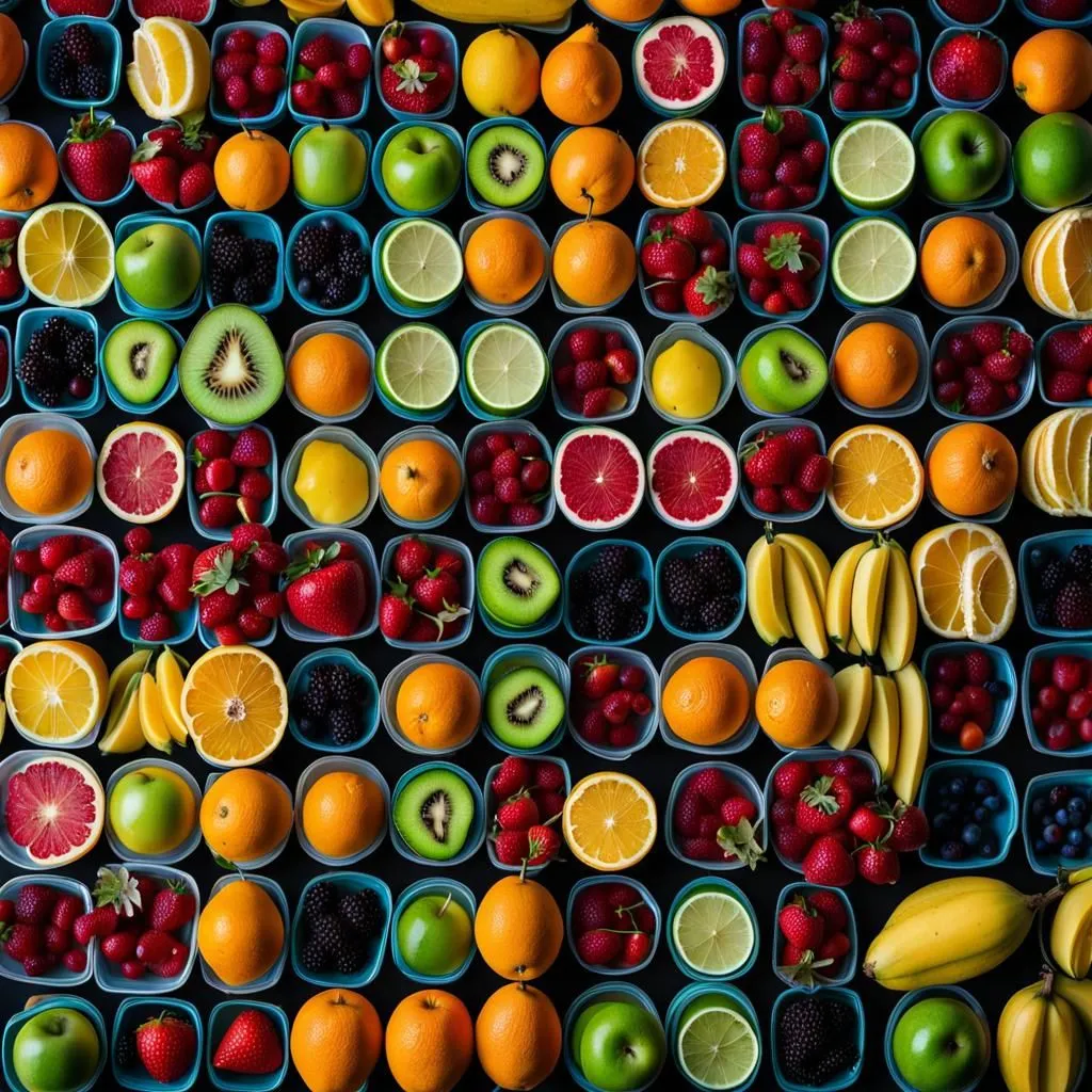 The image shows a variety of fruits. There are oranges, apples, bananas, strawberries, blueberries, raspberries, and blackberries. The fruits are arranged in a grid pattern. The background is dark blue. The image is very colorful and has a lot of detail.