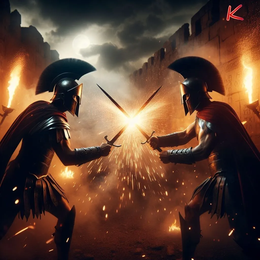 In the midst of a raging battle, two warriors locked in mortal combat. The clash of their steel swords created a deafening ring that echoed through the air. Sparks flew as the blades met, each warrior berusaha to gain an advantage. The men were both skilled fighters, and the battle was evenly matched. It was unclear who would emerge victorious.