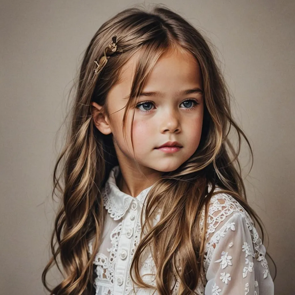 The little girl has long brown hair and blue eyes. She is wearing a white dress with a lace collar. Her hair is styled with a gold butterfly clip. She has a thoughtful expression on her face.