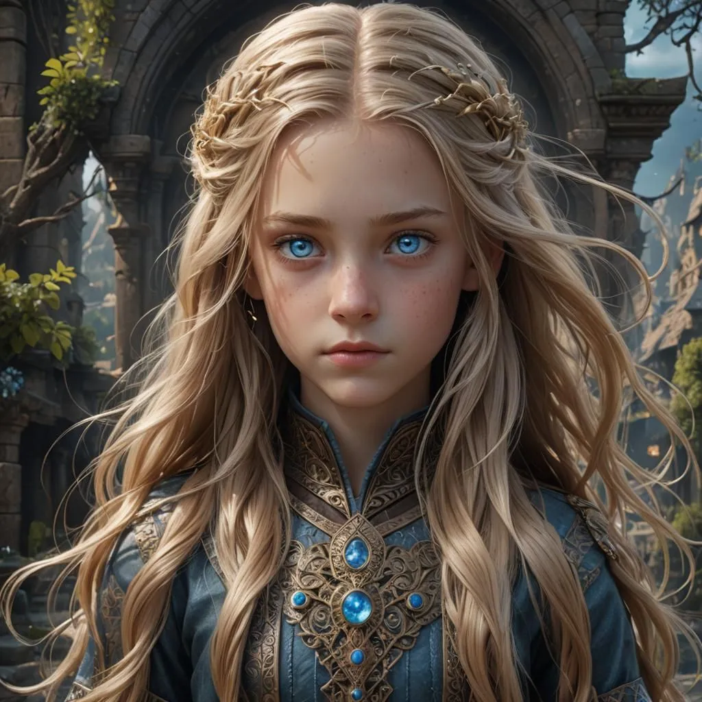 A eleven year old girl with long blond hair and grey blue eyes